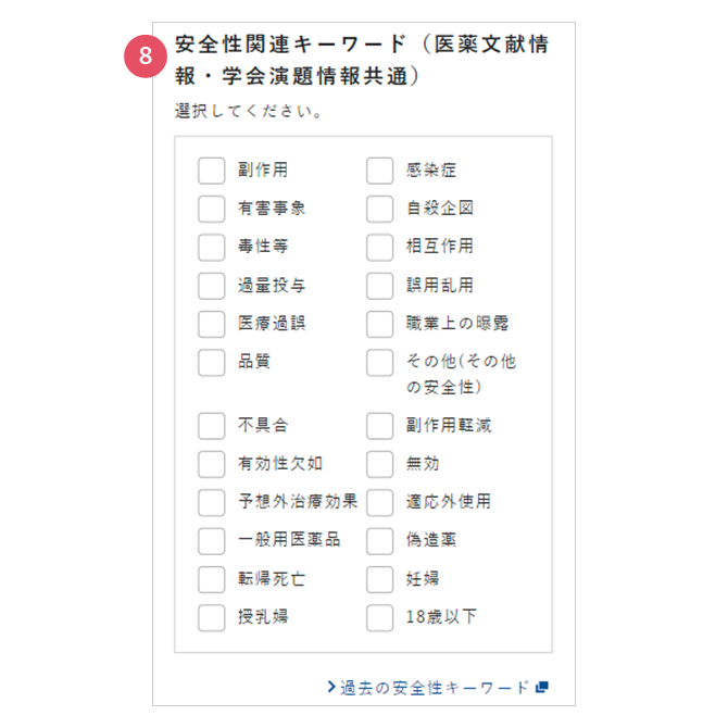 安全性関連キーワード（医薬文献情報・学会演題情報共通）の画面イメージ