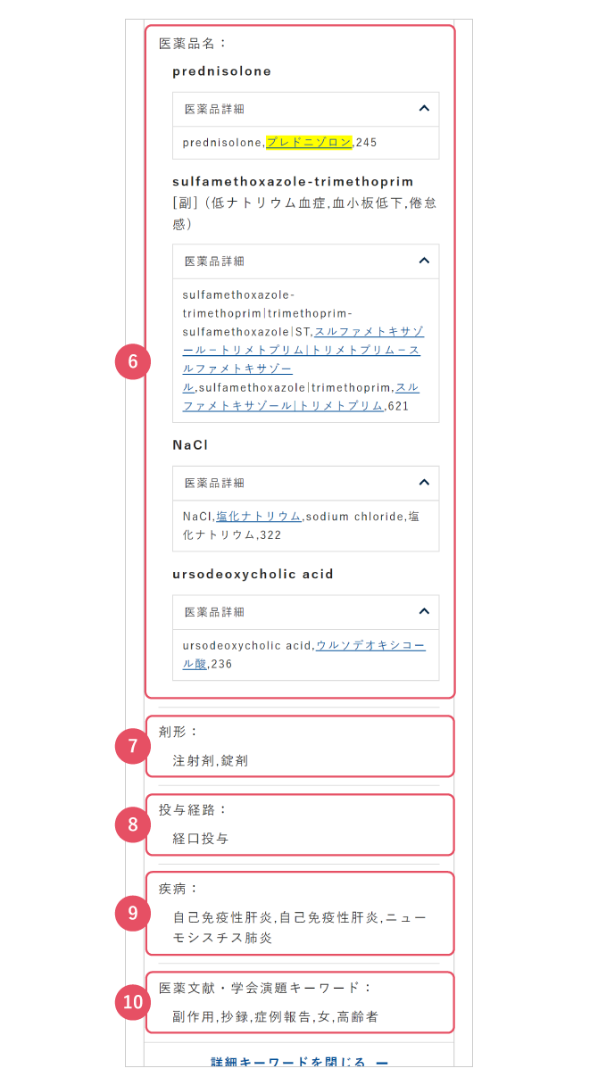 医薬品名・副作用症状名ほか・剤形・投与経路・疾病・医薬文献・学会演題キーワード・医薬文献キーワードの画面イメージ